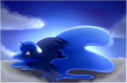 Size: 1024x671 | Tagged: safe, artist:missrenakitsune, princess luna, alicorn, pony, cloud, crying, prone, sad, solo, stars, sunrise