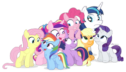 Size: 1120x640 | Tagged: safe, artist:dm29, applejack, fluttershy, pinkie pie, princess cadance, rainbow dash, rarity, shining armor, twilight sparkle, alicorn, earth pony, pegasus, pony, unicorn, fluffy, fuzznums, julian yeo is trying to murder us, mane six, simple background, transparent background