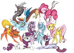 Size: 1475x1057 | Tagged: safe, artist:pegasister223, derpibooru import, applejack, discord, fluttershy, pinkie pie, rainbow dash, rarity, starlight glimmer, trixie, twilight sparkle, twilight sparkle (alicorn), alicorn, draconequus, earth pony, pegasus, pony, unicorn, cutie mark, female, flying, male, mane six, mare, prone, simple background, smiling, traditional art, white background