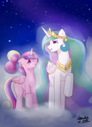 Size: 1024x1408 | Tagged: safe, artist:foreverago2015, princess cadance, princess celestia, alicorn, pony, cloud, cloudy, raised hoof