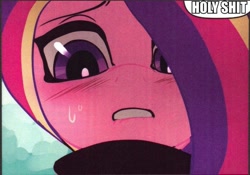 Size: 680x475 | Tagged: safe, artist:leche, edit, princess cadance, anthro, cropped, holy shit, hoofbeat, hoofbeat 2, lip bite, reaction image, sweat, vulgar