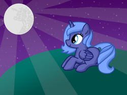 Size: 1600x1200 | Tagged: safe, artist:inkblu, princess luna, alicorn, pony, cute, filly, moon, night, solo, woona