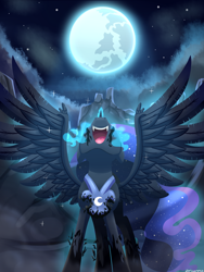 Size: 1800x2400 | Tagged: safe, artist:zoruanna, nightmare moon, princess luna, alicorn, pony, evil laugh, glow, looking up, moon, nightmare forces, nose in the air, solo, spread wings, standing, transformation