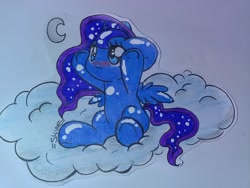 Size: 1024x768 | Tagged: safe, artist:rainbowshine94, princess luna, alicorn, pony, :3, blushing, cloud, cute, filly, lunabetes, sitting, solo, traditional art, woona