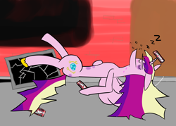 Size: 2100x1500 | Tagged: safe, artist:gustav tremendous, princess cadance, alicorn, pony, 4loko, drunk, drunk cadance, passed out