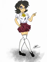 Size: 1300x1700 | Tagged: safe, artist:bumblebee358, oc, oc only, oc:solaria, human, clothes, commission, cute, glasses, humanized, humanized oc, kneesocks, necktie, ocbetes, pleated skirt, shoes, skirt, socks, solo, thigh highs, zettai ryouiki