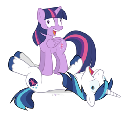 Size: 556x495 | Tagged: safe, artist:dm29, shining armor, twilight sparkle, twilight sparkle (alicorn), alicorn, pony, unicorn, the cutie map, derp, duo, faic, female, i didn't listen, mare, on back, on top, open mouth, smiling, standing, wide eyes