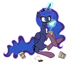 Size: 600x520 | Tagged: safe, artist:stickycrop, princess luna, alicorn, pony, clothes, coffee, cup, female, food, luna found the coffee, magic, mare, mug, simple background, socks, solo, telekinesis, transparent background, watermark, wide eyes