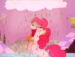 Size: 500x375 | Tagged: safe, screencap, pinkie pie, earth pony, pony, the return of harmony, animated, chocolate rain, cloud, cotton candy, cotton candy cloud, discorded landscape, female, food, mare, purple sky, solo, tongue out