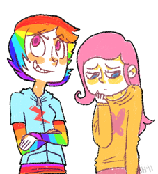 Size: 500x550 | Tagged: safe, artist:celebeans, fluttershy, rainbow dash, clothes, flattershy, humanized, sweater, sweatershy