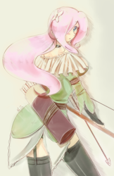 Size: 1100x1700 | Tagged: safe, artist:banzatou, fluttershy, human, archer, arrow, blushing, clothes, female, humanized, socks, solo, thigh highs