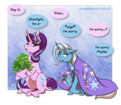 Size: 1382x1200 | Tagged: safe, artist:inuhoshi-to-darkpen, derpibooru import, phyllis, starlight glimmer, trixie, pony, unicorn, a horse shoe-in, apology, cape, clothes, duo, duo female, ear fluff, female, floppy ears, flower, looking away, mare, one eye closed, open mouth, phyllis no!, sitting, trixie's cape, unshorn fetlocks