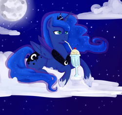 Size: 1753x1655 | Tagged: safe, artist:eliizadesu, princess luna, alicorn, pony, cloud, milkshake, moon, prone, solo