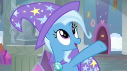 Size: 1920x1080 | Tagged: safe, derpibooru import, screencap, trixie, pony, unicorn, a horse shoe-in, cape, clothes, female, hat, mare, solo, statue, trixie's cape, trixie's hat