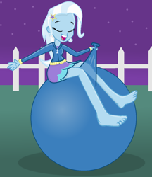 Size: 988x1142 | Tagged: safe, artist:grapefruitface1, artist:moonlight-the-pony, derpibooru import, trixie, equestria girls, balloon, balloon sitting, barefoot, base used, clothes, feet, fence, grass, happy, hoodie, legs, miniskirt, outdoors, sitting, skirt, solo