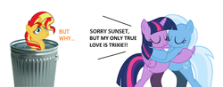 Size: 4672x1832 | Tagged: safe, artist:ramseybrony17, derpibooru import, sunset shimmer, trixie, twilight sparkle, twilight sparkle (alicorn), alicorn, pony, abuse, background pony strikes again, crying, female, hug, implied lesbian, implied shipping, implied sunsetsparkle, lesbian, op is a cuck, op is trying to start shit, shimmerbuse, shipping, sunset shimmer's trash can, trash can, twixie