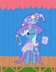 Size: 786x1017 | Tagged: safe, artist:northennorbert, derpibooru import, trixie, pony, unicorn, magic wand, one eye closed, playing card, smiling, solo, stage, wink