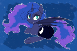 Size: 1280x845 | Tagged: safe, artist:estrill, princess luna, alicorn, bat pony, bat pony alicorn, pony, lunabat, moonbutt, plot, race swap, solo