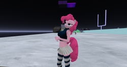 Size: 1920x1018 | Tagged: safe, artist:jojobibou, pinkie pie, anthro, 3d, belly button, breasts, clothes, female, midriff, pleated skirt, second life, skirt, socks, solo, striped socks, thigh highs, zettai ryouiki
