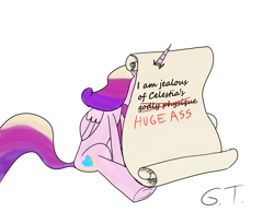 Size: 4500x3500 | Tagged: safe, artist:gustav tremendous, princess cadance, alicorn, pony, jealous, pony shaming, shaming, sitting, solo, underhoof