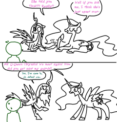 Size: 701x730 | Tagged: safe, artist:the weaver, princess celestia, queen chrysalis, oc, oc:anon, human, caught, comic, dialogue, gossip, nervous, open mouth, prone, raised hoof, simple background, smiling, sweat, white background, wide eyes