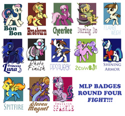 Size: 1280x1188 | Tagged: safe, artist:mittymandi, bon bon, braeburn, cheerilee, daring do, featherweight, photo finish, pipsqueak, princess luna, screwball, shining armor, spitfire, steven magnet, sweetie drops, twilight sparkle, alicorn, pony, unicorn, badge, clothes, con badge, costume, pirate, twilight snapple