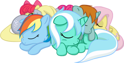 Size: 953x484 | Tagged: safe, artist:moongazeponies, apple bloom, derpy hooves, fluttershy, lyra heartstrings, pinkie pie, rainbow dash, snips, earth pony, pegasus, pony, cuddle puddle, cuddling, female, mare, pony pile, sleeping