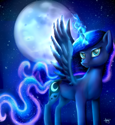 Size: 1222x1331 | Tagged: safe, artist:canelamoon, princess luna, alicorn, pony, magic, moon, moonrise, night, solo, spread wings, stars