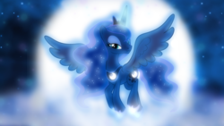 Size: 1600x900 | Tagged: safe, artist:sailortrekkie92, artist:shutterflyyay, edit, princess luna, alicorn, pony, bedroom eyes, full moon, glow, looking at you, moon, vector, wallpaper, wallpaper edit