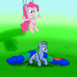 Size: 1152x1152 | Tagged: safe, artist:phallen1, pinkie pie, oc, oc:software patch, earth pony, pony, parachute, skydiving
