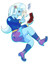 Size: 1181x1500 | Tagged: safe, artist:animana21, derpibooru import, trixie, equestria girls, blue skin, boots, card, clothes, fail, hoodie, legs, long hair, magic trick, miniskirt, profile view, purple eyes, shoes, simple background, skirt, socks, solo, sweater, transparent background