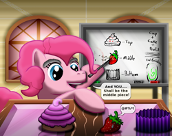 Size: 900x717 | Tagged: safe, artist:super-zombie, pinkie pie, earth pony, pony, chalkboard, cupcake, food, open mouth, smiling, strawberry, the human centipede