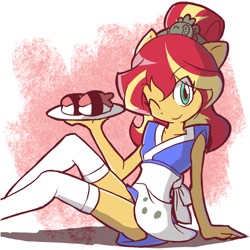 Size: 900x900 | Tagged: safe, artist:rvceric, sunset shimmer, equestria girls, alternate hairstyle, apron, breasts, clothes, cute, delicious flat chest, doll, equestria girls minis, eyes closed, female, food, happi, legs, looking at you, one eye closed, ponied up, serving tray, shimmerbetes, sitting, smiling, socks, solo, sunset sushi, sushi, thigh highs, thighs, toy, toy interpretation, wink