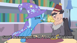 Size: 1280x720 | Tagged: safe, derpibooru import, screencap, grampa gruff, trixie, griffon, pony, unicorn, a horse shoe-in, duo, female, male, mare, quadrupedal, subtitles, yelling