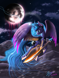 Size: 4500x6000 | Tagged: safe, artist:duskie-06, princess luna, alicorn, pony, absurd resolution, flying, large wings, magic, moon, scimitar, solo, sword, telekinesis, weapon