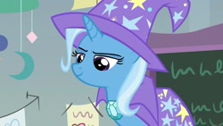 Size: 1920x1080 | Tagged: safe, derpibooru import, screencap, trixie, pony, unicorn, a horse shoe-in, cape, clothes, female, hat, lidded eyes, mare, solo, trixie's cape, trixie's hat