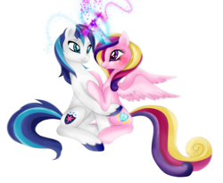 Size: 3337x2737 | Tagged: safe, artist:lunaltaria, princess cadance, shining armor, alicorn, pony, unicorn, heart, horns are touching, hug, magic, simple background, sitting, smiling, spread wings