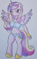 Size: 1238x1990 | Tagged: safe, artist:warumono1989, princess cadance, anthro, belly button, ipod, midriff, solo, traditional art, wink