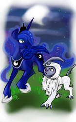 Size: 1330x2128 | Tagged: safe, artist:firimil, princess luna, alicorn, pony, absol, crossover, pokémon