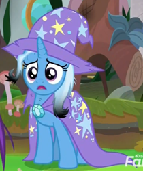 Size: 408x486 | Tagged: safe, derpibooru import, screencap, trixie, pony, unicorn, a horse shoe-in, about to cry, burnt mane, cape, clothes, cropped, dirty, female, hat, heartbreak, mare, messy mane, open mouth, sad, solo focus, trixie's cape, trixie's hat, upset