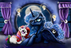 Size: 1992x1331 | Tagged: safe, artist:vixetra, moondancer (g1), princess luna, alicorn, pony, g1, candle, g1 to g4, generation leap