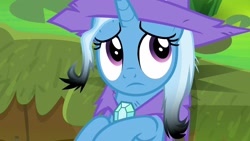 Size: 1920x1080 | Tagged: safe, derpibooru import, screencap, trixie, pony, unicorn, a horse shoe-in, cape, clothes, female, hat, mare, singed, solo, trixie's cape, trixie's hat