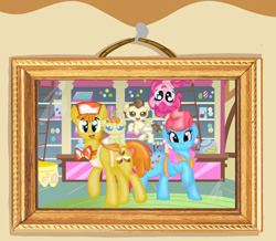 Size: 2646x2306 | Tagged: safe, artist:rayodragon, carrot cake, cup cake, pinkie pie, pound cake, pumpkin cake, earth pony, pony, family photo, high res, sugarcube corner, the cakes