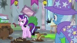 Size: 1920x1080 | Tagged: safe, derpibooru import, screencap, starlight glimmer, trixie, pony, unicorn, a horse shoe-in, angry, cape, clothes, female, hat, mare, mud, singed, trixie's cape, trixie's hat