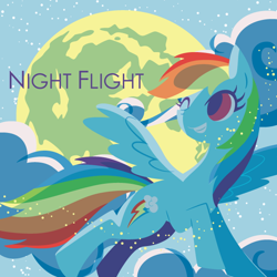 Size: 600x600 | Tagged: safe, artist:yousukou, rainbow dash, pegasus, pony, backlighting, cloud, cloudy, cutie mark, female, flying, full moon, grin, hooves, lineless, mare, minimalist, moon, one eye closed, pixiv, smiling, solo, spread wings, wings