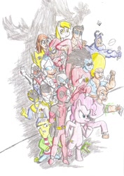 Size: 850x1201 | Tagged: safe, derpy hooves, discord, gummy, pinkie pie, pegasus, pony, bobobo, crossover, deadpool, ed, ed edd n eddy, female, gir, mare, plastic man, sheldon, taco, the tick