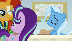 Size: 1920x1080 | Tagged: safe, derpibooru import, screencap, starlight glimmer, sunburst, trixie, pony, unicorn, a horse shoe-in, eyes closed, female, lidded eyes, male, mare, plant, school of friendship, stallion