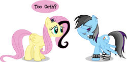 Size: 8555x4163 | Tagged: safe, artist:psyxofthoros, fluttershy, rainbow dash, pegasus, pony, absurd resolution, black lipstick, choker, clothes, dialogue, earring, eyes closed, eyeshadow, facehoof, frown, goth, gritted teeth, it's a phase, leather, lipstick, makeup, piercing, simple background, socks, spiked choker, spiked wristband, spread wings, striped socks, transparent background