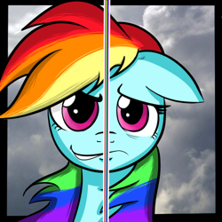 Size: 500x500 | Tagged: safe, artist:heartstrunghooves, rainbow dash, pegasus, pony, blue mane, duality, female, mare, multicolored mane