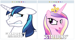 Size: 517x279 | Tagged: safe, artist:qewerka, princess cadance, shining armor, alicorn, pony, unicorn, floppy ears, frown, glare, image macro, juxtaposition, lip bite, logic, male, meme, open mouth, simple background, solo, stallion, transparent background